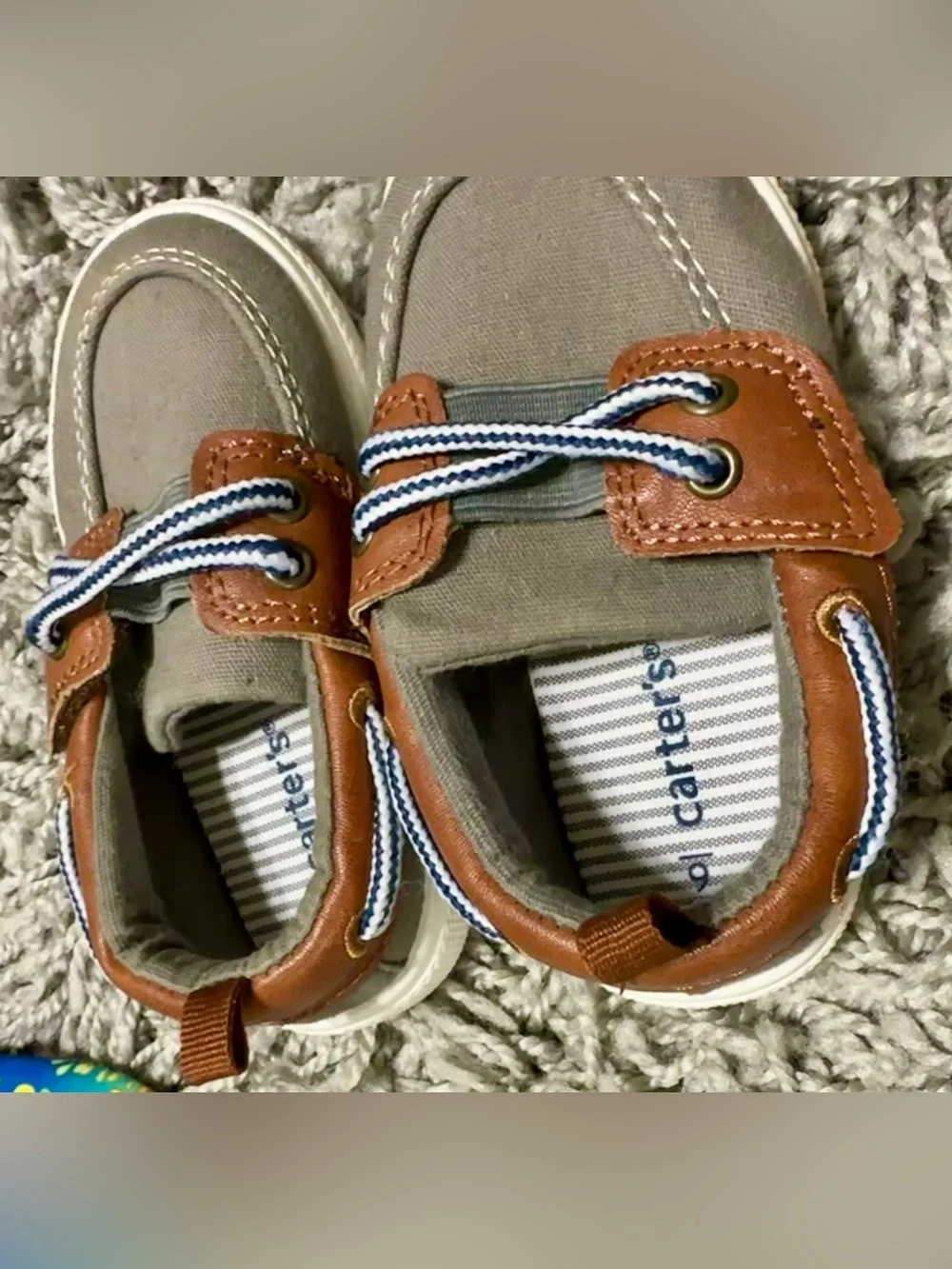 Carter's Olive Canvas Boat Sneakers with Brown Trim and Navy-Striped Laces